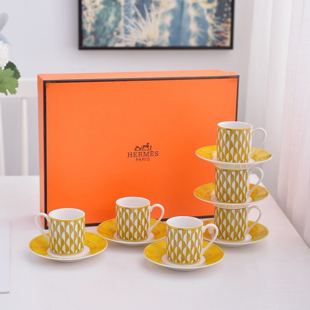 Hermes yellow Turkish coffee set - Hermes Turkish Coffee Cups | Aleppo Gift UAE